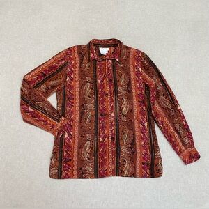 TESS Rust Multi 100% Silk Button-Down Blouse Sz M Long Sleeve Office Wear